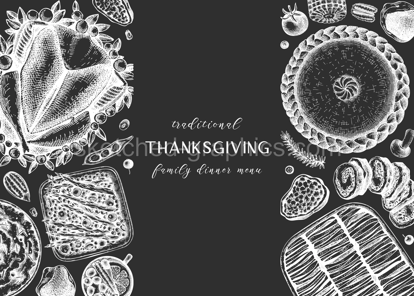 Thanksgiving dinner menu design on chalkboard. With roasted turkey, cooked vegetables, rolled meat, baking cakes and pies sketches. Vintage autumn food frame. Vector Thanksgiving day background. Illustration